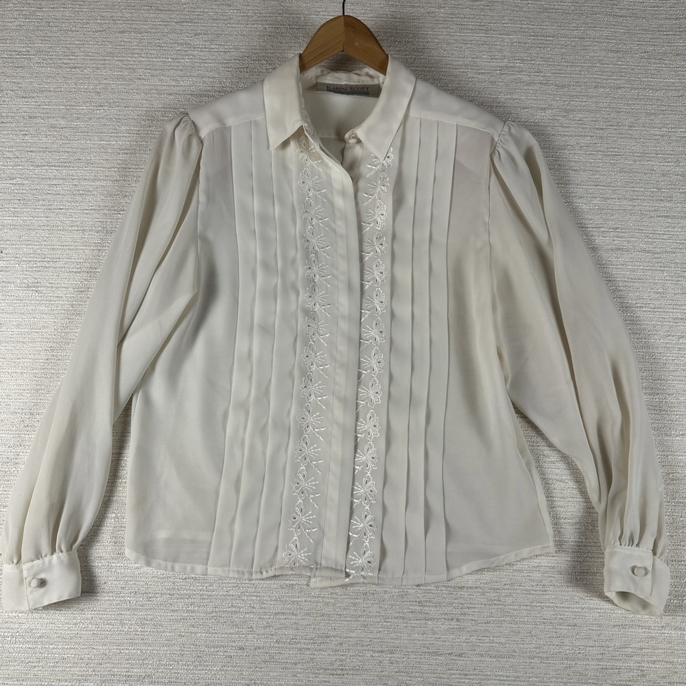 Vintage Karen Scott Cream Embroidered Button Up Lace Trim Whimsy Career Sheer
